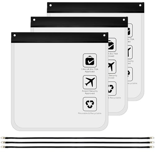 3 Packen Durchsichtiger Flughafen Zugelassener Kulturbeutel 20 x 20cm, TSA Zugelassener 1 Liter Beutel Flugzeug Handgepäck mit Schlüsselband, wasserdichte Transparen PVC Reisekulturbeutel