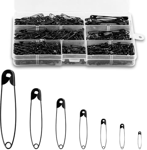 wonkeken 650Pcs Black Safety Pins Assorted 7-Sizes- Nickel Plated Steel Large Safety Pins Strong Small Safetypins for Clothes for Art Crafts DIY Pinning Hemming Dressmaking Sewing