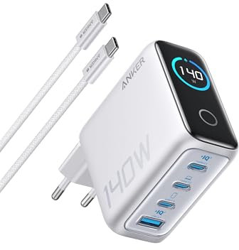 Anker 140W USB-C Ladegerät, Laptop Ladegerät, 4-Port Multi-Geräte Schnellladeleistung, Fortschrittliches GaN Netzteil, Touch Control, Kompatibel mit MacBook, iPhone 17/16/15, Samsung, Pixel und mehr