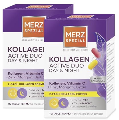 Merz Spezial Kollagen Active Duo Day & Night - 2-Fach Formel mit Kollagen Typ 1 & 3, Vitamin C, Zink, Mangan & Biotin - Nahrungsergänzung für Haut, Haare & Nägel - 2x112 Tabletten
