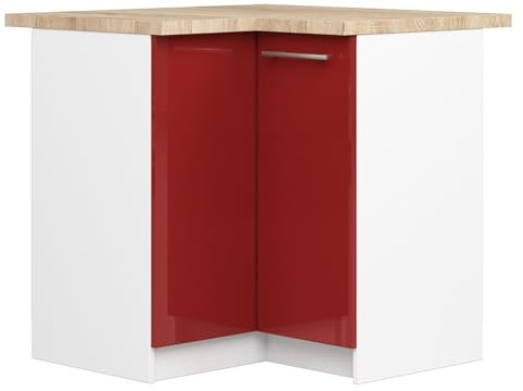 AKORD | Eck-Küchenschrank mit Arbeitsplatte - Oliwia S90 | Küchenunterschrank mit 2 Türen und 2 Einlegeböden | Unterschrank Küche 90 cm Breit | ABS-Kante 18 mm | 46 x 90 x 85 cm | Weiß & Rot Glanz