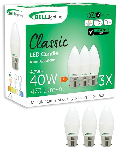 BELL Lighting B22 Dimmable LED Candle Bulbs 4.7W 470lm Warm White 3 Pack | Dimmable B22 bayonet LED candle bulbs with 2700K warm white light, 470lm output and 40W equivalent brightness.