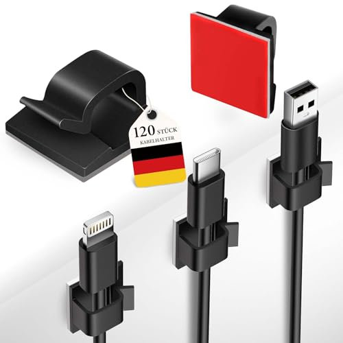 MiuCo 120 Stück Kabelhalter Selbstklebend - Kabelclips für Kabelmanagement und Kabel Organizer - Kabelklemmen & Kabelbefestigung am Schreibtisch - Schwarz Kabelführung (Lichterkette Befestigung)