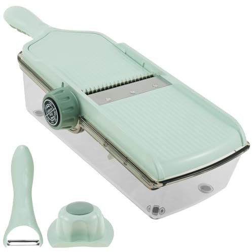 NZWBSHSSP Mandoline Slicer for Kitchen Adjustable Vegetable Slicer with Container and Peeler Multifunction Veggie Fruit Cutter Safe Mandolin Slicer for Potato Carrot Onion Cucumber(Green)