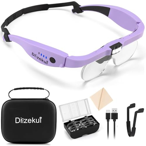 Dilzekui Magnifying Glass with Light, Rechargeable Magnifying Glasses 1.5X-5X Lenses, Magnify Glasses for Close Work with Carry Case, Magnifier Headset Headband Magnifier for Craft Hobby Cross Stitch