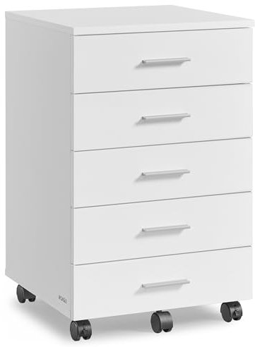 VASAGLE Rollcontainer, mobiler Aktenschrank, Schubladenschrank, Druckerständer mit 5 Schubladen, mit schraubenlosen Gleitschienen, für Büro, Homeoffice, wolkenweiß OFC081W01