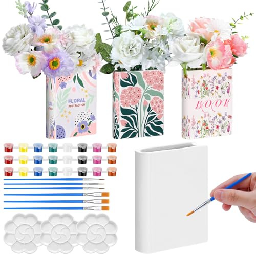 Honeydak 3 Set 5.9 Inch Book Shaped Vase Ready to Paint Your Own Ceramic Book Flowers Vase Ceramics to Paint DIY Unpainted Paintable Kit Crafts with Acrylic Brush Palette for Adults