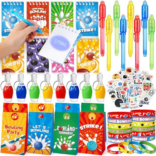 90 Stück Bowling Mitgebsel Kindergeburtstag für Jungen 6 7 8 9 10 Jahre Zauberstifte kinder & Notizblock Geschenktüten LED-Schlüsselanhänger Silikonarmband Bowling Give aways Gastgeschenke für Kinder