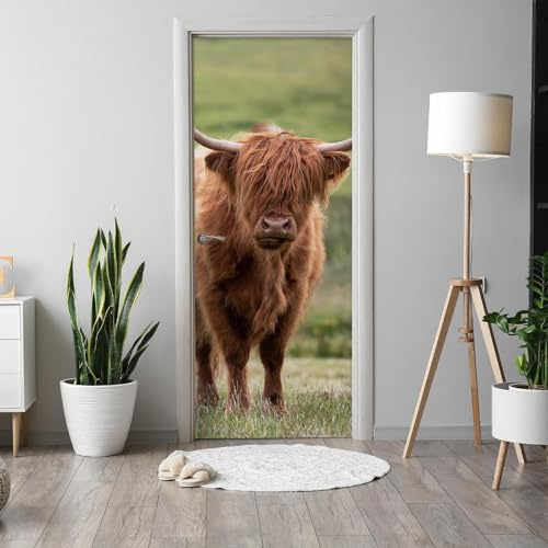 Selbstklebend Türbekleben Hochlandrinder Türtapete 85x200 cm, TürPoster Hochlandrinder Türbilder 3D Türaufkleber Dekoration Poster Tapete Türfolie, PVC Fototapete Wandtattoo Tür Tapeten m4384