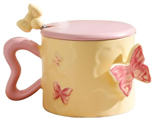 Mimoqk Butterfly Coffee Taza, Taza de cerámica elegante, 12 oz con mango, Spill Resistant Lid, Aesthetic Drinkware For Women, Girlfriend, Mother's Day Rewards, té o café