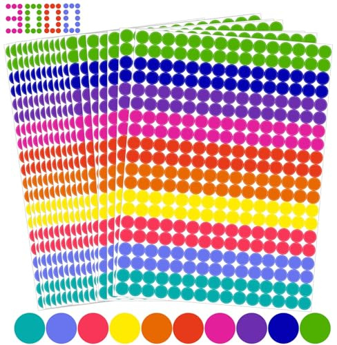 3000 Stück 12mm Runde klebepunkte Bunt 10 Farben Selbstklebende Punkte Aufkleber, Farbige Etiketten Markierungspunkte Rund, Farbkodierung-Aufkleber für Büro Schule Kalender