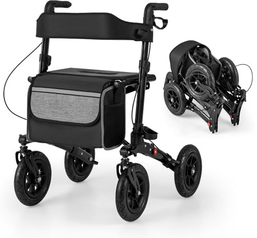 COSTWAY Deambulatore Pieghevole per Anziani in Alluminio, Rollator Regolabile in Altezza con Seduta, Schienale e Freni, Girello per Anziani con Borsetta, Carico Massimo 140 kg (Nero)