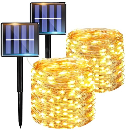 Molicar Catena di Luci Solare per Esterni 2×12m 100 LED, Catena di Luci Solari in Filo di Rame per Esterni, Luci Solari LED per Giardino Esterno, Catena di Luci Solari Impermeabile, Illuminazione