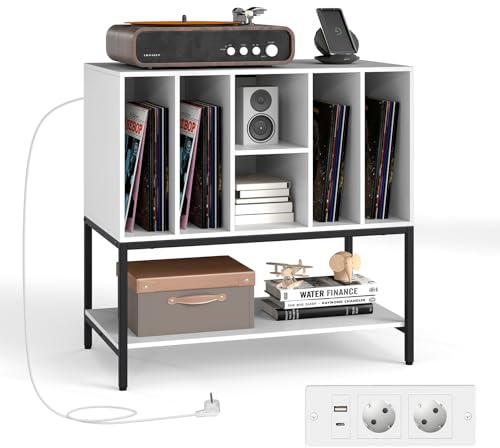 COSTWAY Soporte para Tocadiscos con Estación de Carga, Soporte para Tocadiscos con Almacenamiento de Vinilos, Mesa Auxiliar para Discos hasta 150 Álbumes, Estante de Exhibición de Vinilos, Blanco
