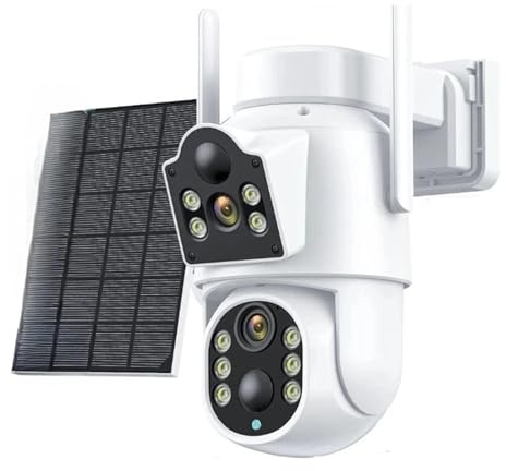 KVBRUI Telecamera IP Solare Wi-Fi for Esterni con Doppio Obiettivo PTZ, Telecamera di Sicurezza HD da 4 MP, Batteria Integrata, Pannello Solare, Allarme PIR(8MP 64G SD Card)