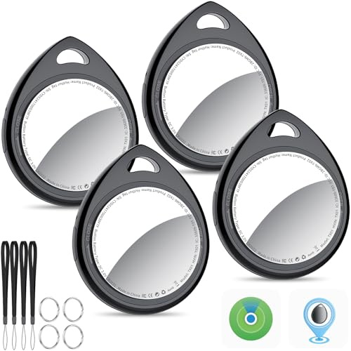 QCOQ® Air Locator Tags 4 Pack Black, Smart Bluetooth Tags Compatible with Apple Find My (iOS Only), Item Tracker with Keychain/Lanyard for Keys, Wallets, Luggage, Suitcases, Replaceable Battery