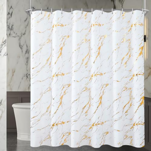 Lerores Duschvorhang 180x200 cm Goldener Marmor, Beschwerter Saum Antischimme, Wasserabweisend, Waschbar Polyester Badevorhänge mit 12 Ösen und Duschvorhangringen für Badezimmer, Badewanne