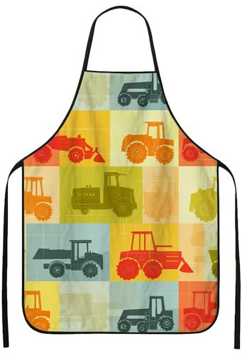 Tractor Aprons for Cooking, Colorful Farm Equipment Kitchen Adult Apron, Fun Rustic Design Washable Apron for BBQ Gardening, Yellow, 24x31 Inch