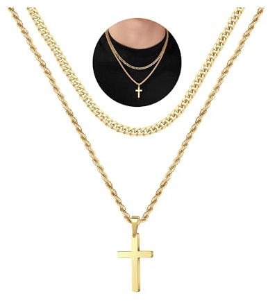 SLOONG Layering Kreuz Kette Herren Damen Gold/Silber Kette mit Kreuz Anhänger Kreuzkette Panzerkette Christentum Schmuck Geschenke für Herren Frauen 16 18 20 22 24 Inch