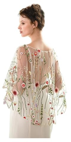 IKFGTJRE Boléro Court en Mousseline Élégant collier de bijoux, fleurs sauvages, dentelle florale, châle mariée, boléro for femmes, châles soirée