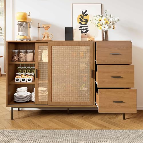 EURHCIO Buffet Cuisine 37x140x91cm,Buffet Salle a Manger,Meuble Cuisine avec 2 Portes Coulissantes,étagères Réglables,3 Tiroirs,Style Rustique,pour Salon Salles à Manger(Naturel)