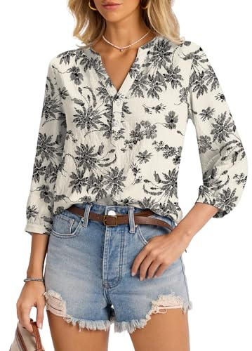 LOMON Ladies Tops and Blouses Business Casual 3/4 Sleeve Henley V Neck Linen Shirts Button Up Pleated Tunic, XL