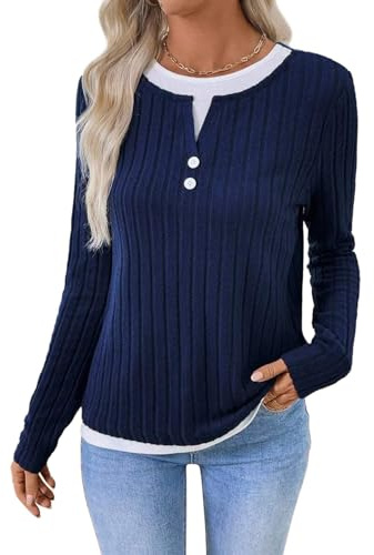 Awinclo Womens Crewneck Color Block Sweater Stripe Long Sleeve Top Casual Clothing Tshirt Jumper with Buttons Fall Casual Outfit for Women UK Navy Blue Medium