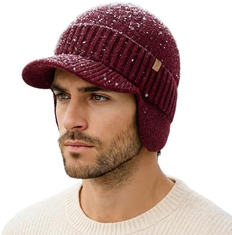 TOP-EX Unisex wasserdichte Winter 80% Merinowolle Strickmütze mit Visier und Ohrenklappen, warmes Fleecefutter, ideal für kaltes Wetter und Outdoor-Sportarten