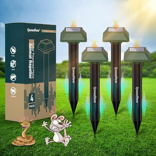 Ahuyentador de Topos Solar 4 Piezas, Ahuyentador de Jabalies para Jardín de Patio, 700 M² Impermeable Exterior Repelente Salamanquesas Serpientes para Rata Conejo Ardilla Mapache Serpiente