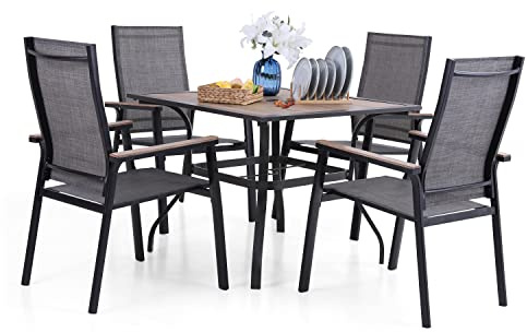 MFSTUDIO Garten Möbel Set 4 Stühle mit Tisch, 4 Aluminium Textilene Stühle | Quadratischer Metall Tisch mit 4cm Schirmloch und 4 Aluminium Textilene Stühle, Terrasse, Balkon, Bistro, Veranda