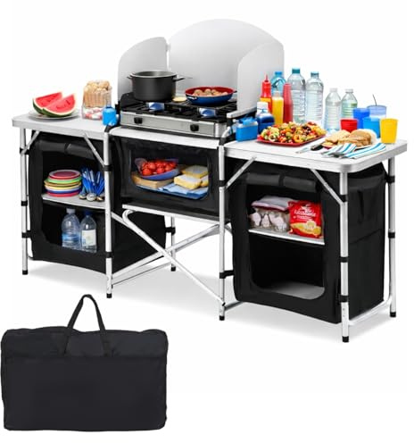 ISOISL Große Campingküche mit 3 Tischplatten & Spritzschutz – Faltbarer Camping Schrank aus Aluminium, 5 Staufächer, Höhenverstellbar (57-70cm), Für Camping mit Familie, Wohnmobil & Gartenparty