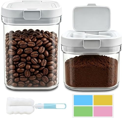 Ferenando 2 Pcs Coffee Bean Storage Container (800ml+1300ml) | Coffee Storage Container Airtight with Scoop, Clear, for Ground Coffee Bean, Formula, Protein Powder, Sugar, Cereal