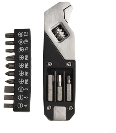 TONIXY Adjustable Foldable Stainless Steel Wrench with for TORX and Cross Screwdriver Bits, Compact Multi-Tool for Outdoor Camping, Travel and Everyday Use, Black Silver