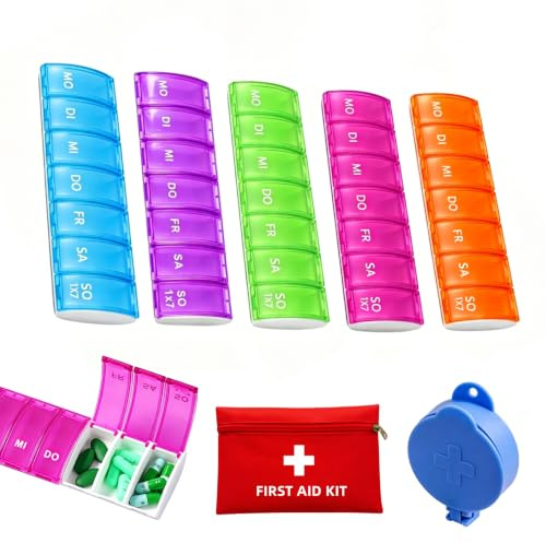 lomdung 5 Piezas Pastillero Semanal, Caja de Pastillas, Pastillero Viaje con 7 Compartimentos, Viene con 1 - Bolsa de Almacenamiento y 1-Cortador de Medicamentos, para Tabletas, Cápsulas, Vitaminas