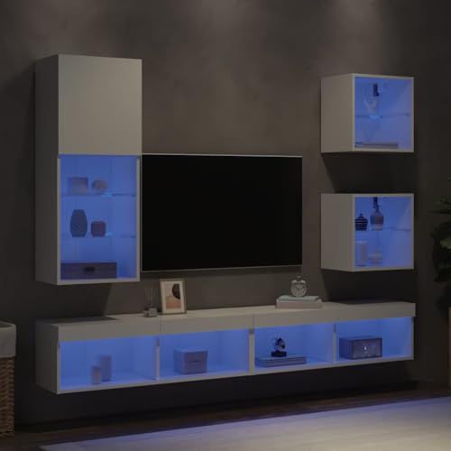 Tonture Unités murales TV Blanc Bois d'ingénierie 5 pièces avec LED RGB, Meuble TV Suspendu Design Moderne scandinave, Espace Rangement Multifonction pour Salon Chambre séjour