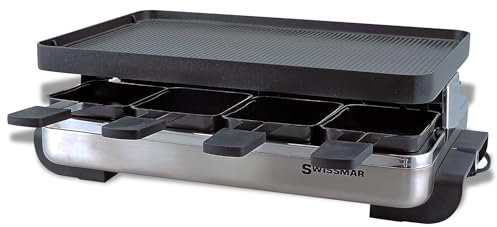 Swissmar Classic Raclette Party Grill with Reversible Cast Aluminum Non-Stick Grill Plate/Crepe Top, Outdoor & Indoor Electric BBQ Grill, Samgyupsal Griller - Brushed Stainless Steel - 8-Person