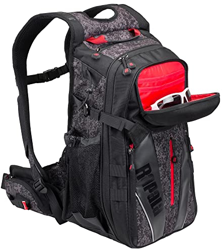 Rapala Unisex-Adult Rucksack zum Angeln Urban Back Pack-25L Angeltasche-Verstellbare Gurte-Angelrucksack mit Rutenhalter und Abnehmbarem Bauchgurt-viele Fächer Tasche, Tarnfarben Schwarz, Einzigartig