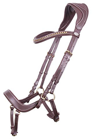Trense Pferd Devi aus Leder | Verteilt den Druck | Anatomisch geformt | Extra breites Genickstück | Inklusive Zügeln und Schnallenverschluss