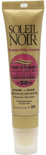 Soleil Noir - Combi 2-en-1, Crème Solaire SPF 50 Haute Protection UVA et UVB (20 ml) + 1 Stick à Lèvres SPF 30 (2 g) - Peaux Très Claires - Fabrication Française