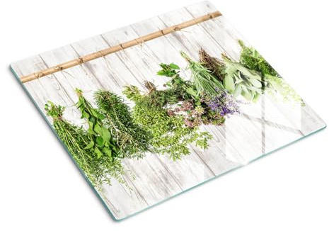 Glasschneidebrett 60x52 cm Plastikfrei Lebensmittelecht Dekorativ Dünn Glasplatte Antibakteriell Gehärtetes Glas Hitzebeständig für die Küche Rutschfest Silikonfüße - Kräuterschnur