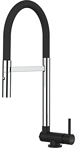Unterfenster Wasserhahn Chrom und Mattschwarz Küchenmischer mit schwenkbarem Auslauf und abnehmbarer 2 strahl Handbrause - Gesamthöhe abgeschwenkt nur 45mm // Auslauf drehbar 360° - Schwarz
