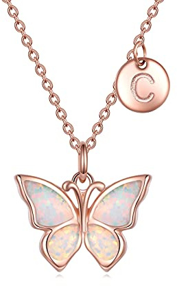WINNICACA Schmetterling Erste Halskette Sterling Silber erstellt Opal C Buchstabe Alphabet Schmuck Schmetterlinge Choker Geschenke für Frauen Teenager Geburtstag