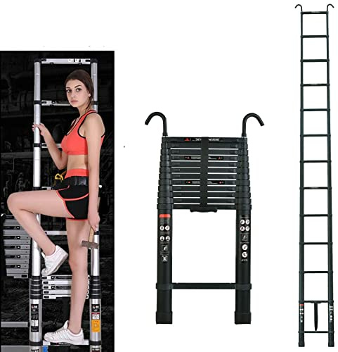 Ausziehleiter Teleskopleiter 3,2m, Klappleiter Teleskopleiter mit 2 Haken und Sicherheitsschloss, 11 Sprossen, Mehrzweck Stehleiter Ausziehbar für Outdoor & Indoor, 150kg Tragkraft
