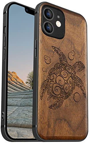 Carveit Coque magnétique pour iPhone 12 Mini [Élégant Noyer] [Pare-Chocs en TPU Souple] Coque de téléphone Antichoc Compatible avec 12mini Magsafe Coque Bois (Tortue de mer)