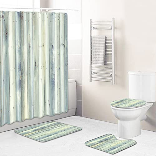 ZQMHCY Shower Curtain Duck Egg Blue Bath Mat 4-Piece Set Washable, Polyester Shower Curtains Mould Proof Resistant+Toilet Mat+U Bathroom Mat+Door Mat Non Slip(45x75)