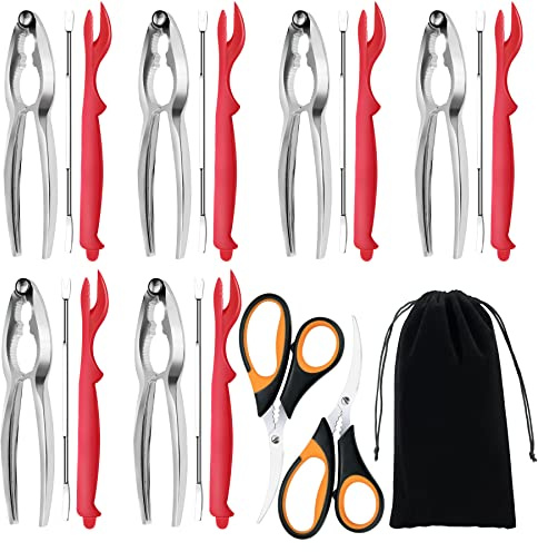 Seafood Cracker Tools, 21 Pcs Crab Leg Crackers and Tools, 6 Crab Crackers, 6 Crab Leg Forks/Picks, 6 Lobster Shellers, 2 Seafood Scissors & 1 Storage Bag, mobzio Portable Seafood Boil Party Supplies