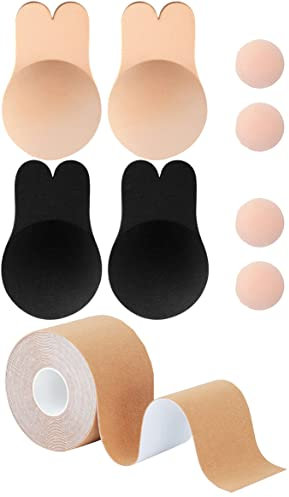 Memoryee Women's Boob Tape, Strapless Push Up Adhesive Silicone Invisible Rabbit Bra with 4pcs Reusable Lifting Bra Cups Nipple Cover, Lift Body Tape for A-G Cup Large/Beige+Black-2pair/XL
