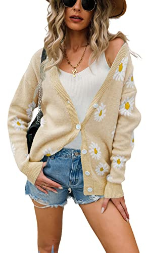 HEYPORK Damen Herbst Winter Warm Bequem Jacke Casual Mode übergangsjacke Mantel Frauen Strickjacke Pullover Strickjacke Bedruckt Gänseblümchen Pullover(Aprikose, S)