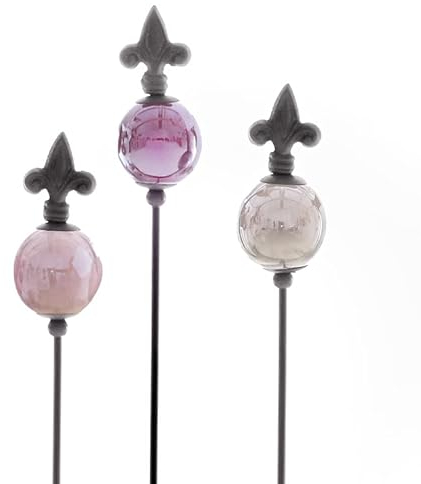 naninoa Metall Stecker Franz. Lilie. Set mit 3 Gartenstecker mit Keramik-Kugel. LILA, GRAU, ROSA. 80 cm.