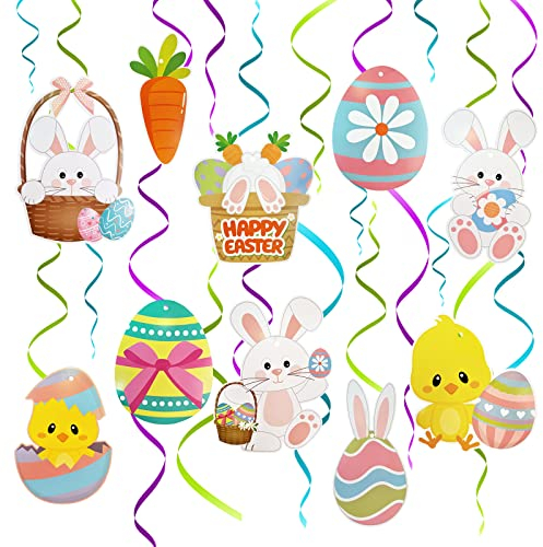 Simpeak Décorations de Pâques 16PCS Joyeuses Pâques Décorations à Suspendre en Spirale Déco Pâques Banderole Suspendue en PVC, œuf de Pâques Lapin Poussin Carotte Poulet